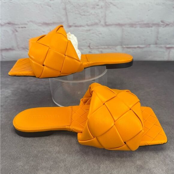 Bottega Veneta Lido Orange Woven Slide Maxi Flat Sandals NEW Lagoon Tangerine - Picture 2 of 14